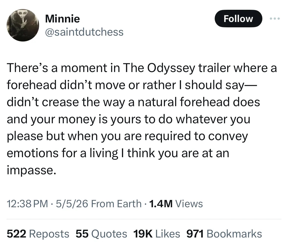A screenshot from a Twitter/X post about the trailer for The Odyssey and natural face movement