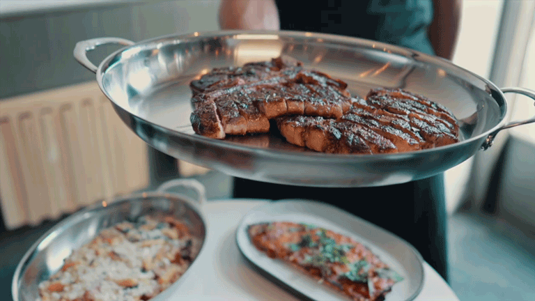GIF: Chef Matthew Accarrino tasting the steak cooked in Hestan Oval Roaster