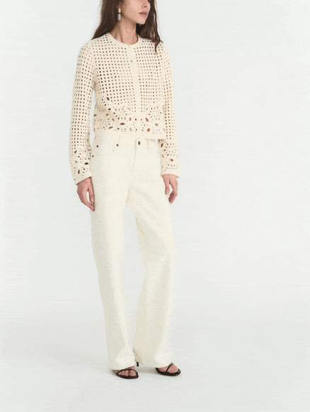 b'The model is wearing The Saturday in Shell paired with The Postcard Cardi in Cream.'