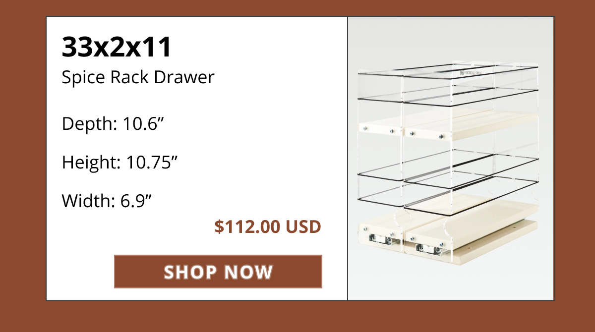 Vertical Spice 33x2x11 two-tier pull-out spice rack drawer for organizing spices in deep cabinets.