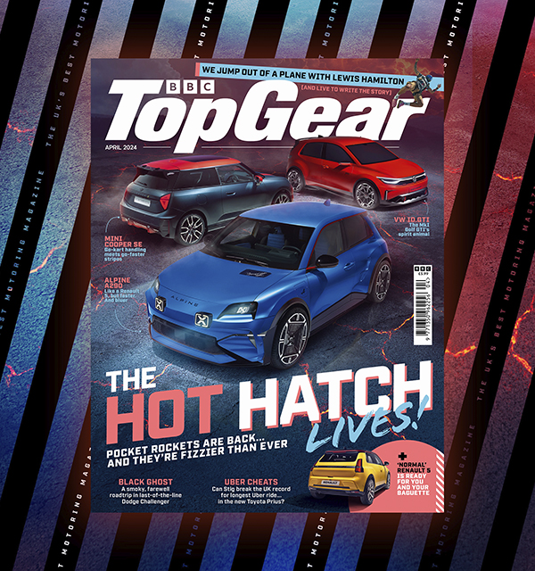 Top Gear Magazine cover with pink, white and blue letters that read The Hot Hatch Lives