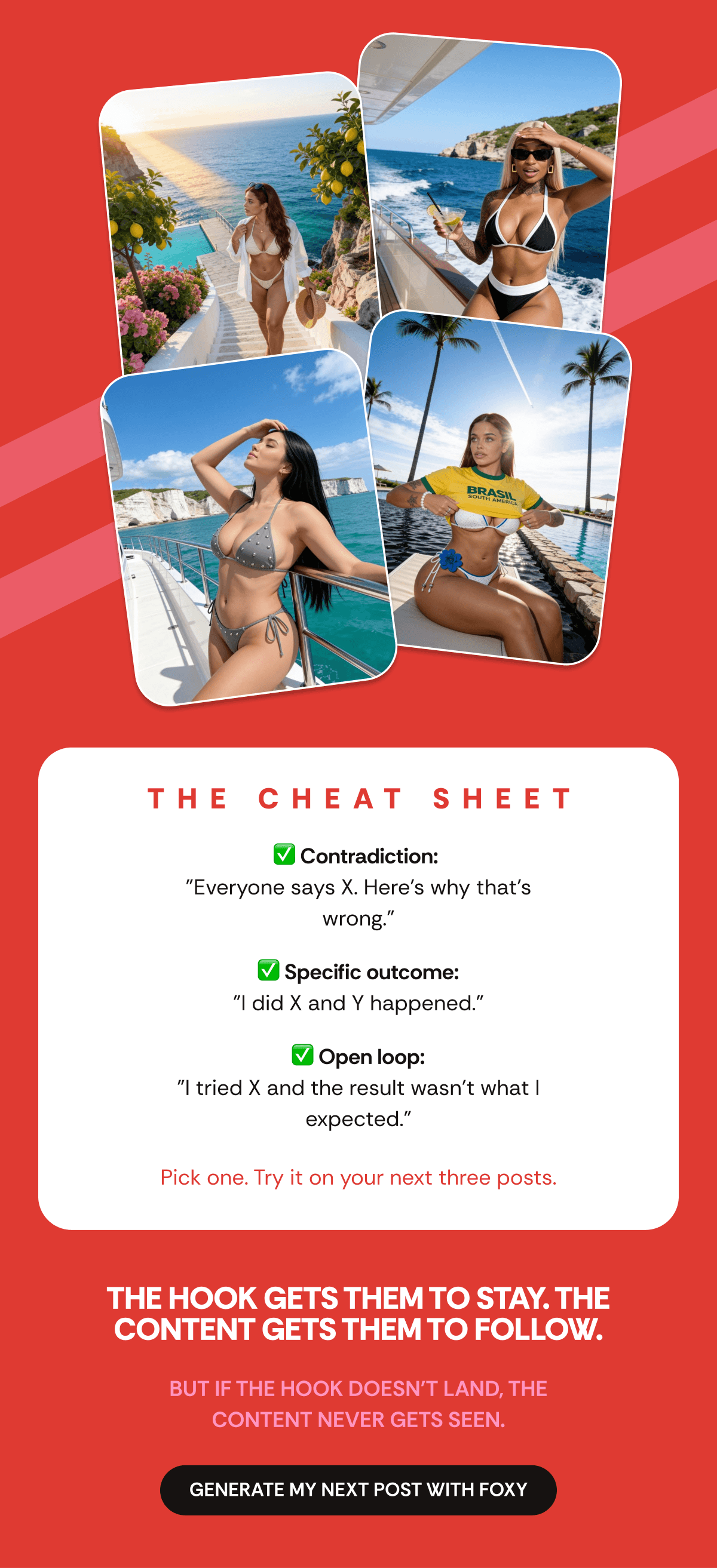 THE CHEAT SHEET ✅ Contradiction:  "Everyone says X. Here's why that's wrong." ✅ Specific outcome: "I did X and Y happened." ✅ Open loop: "I tried X and the result wasn't what I expected." Pick one. Try it on your next three posts.
