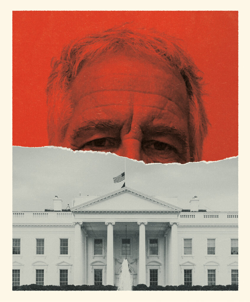 A photo illustration of Epstein collaged above the White House.