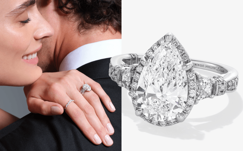 A ring with a pear shaped diamond in the center next to a model wearing the ring.