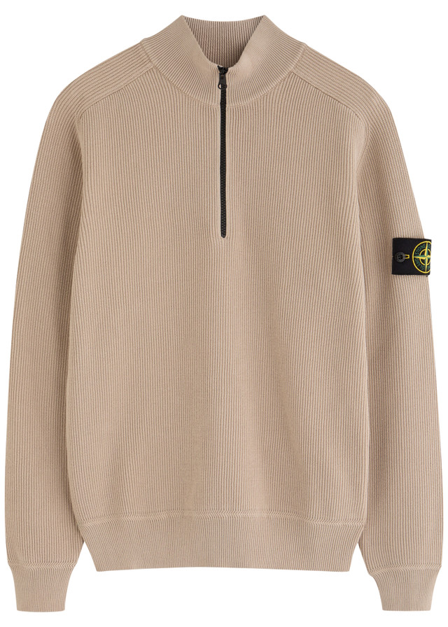 STONE ISLAND Logo ribbed half-zip cotton jumper