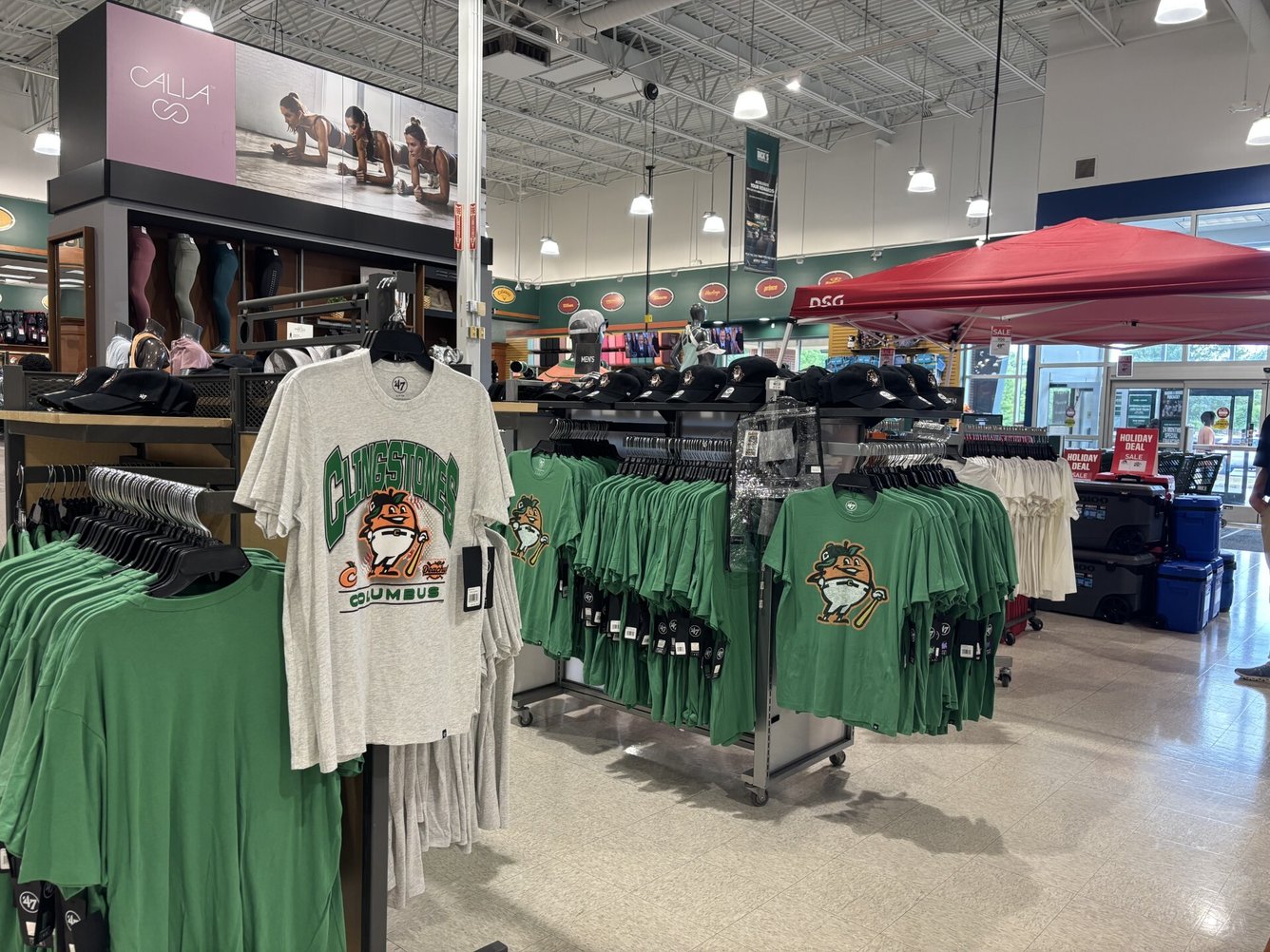 A Dick’s Sporting Goods display in Columbus, Georgia, of licensed merchandise featuring the city’s Minor League Baseball team, the Columbus Clingstones.