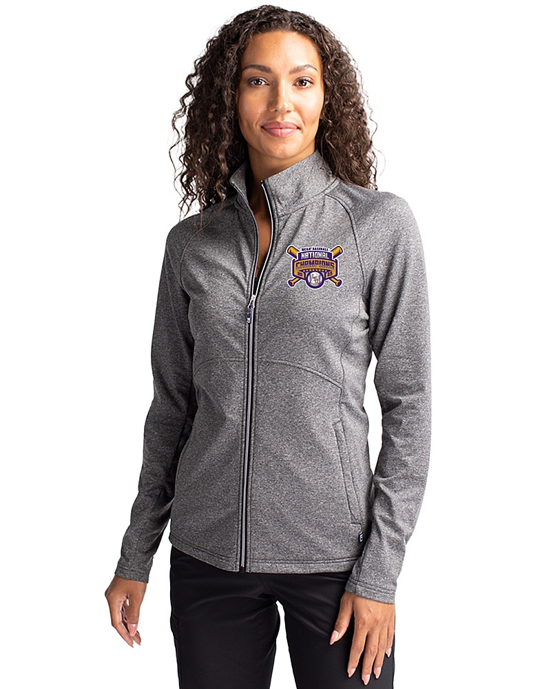 Image of LSU Tigers 2025 NCAA Mens Baseball College World Series Champions Cutter & Buck Adapt Recycled Soft Knit Stretch Womens Heathered Full Zip Jacket
