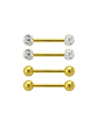 Multi-Pack Pave CZ Gold-Tone Titanium Nipple Barbells 2 Pair - 14 Gauge