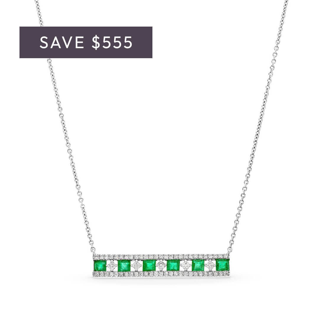 Three row emerald and diamond bar necklace