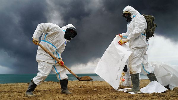Specialists collect oil products that washed ashore after a fire broke out following a Ukrainian drone attack in the Black Sea port of Tuapse