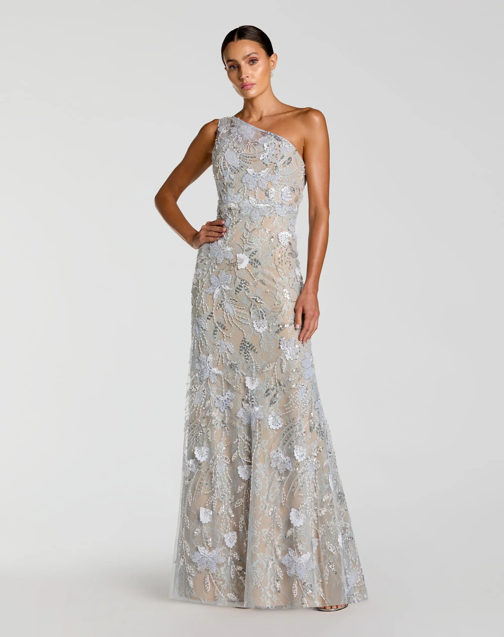 Image of Blue Sleeveless One Shoulder Embellished Lace Gown
