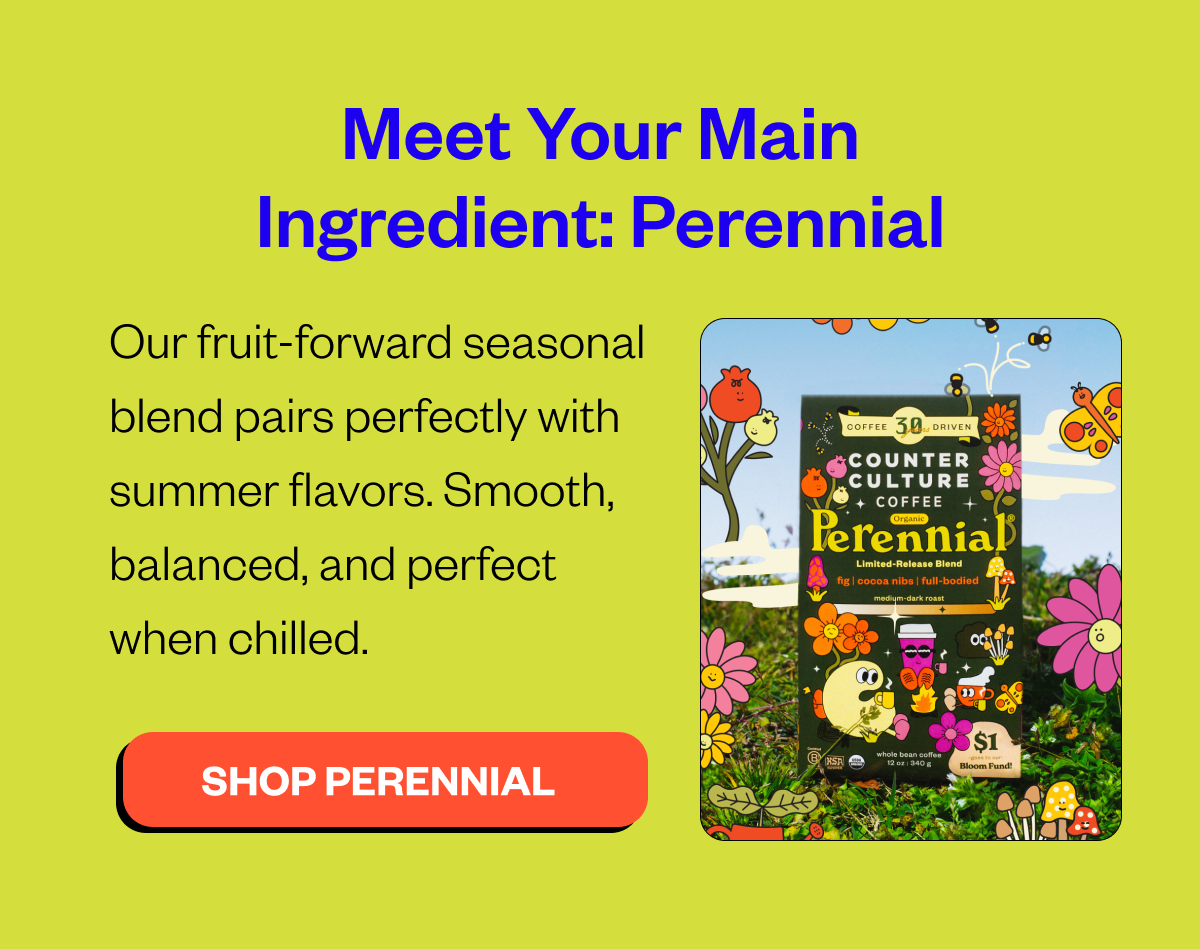 Meet Your Main Ingredient: Perennial Our fruit-forward seasonal blend pairs perfectly with summer flavors. Smooth, balanced, and perfect when chilled. CTA: Shop Perennial