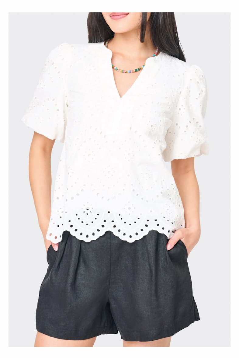 Bubble Sleeve Split Neck Eyelet Top