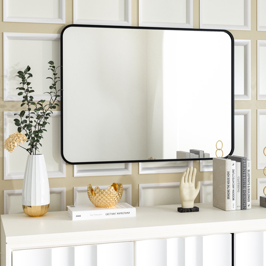 Wall Mirror Rectangular Rounded Corners Hanging Vanity Mirror For Living Room Bedroom Bathroom Entryway, Black