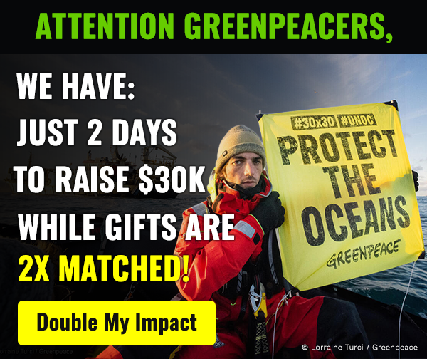 Greenpeace activist on an inflatable boat holding a yellow banner that reads 'Protect the Oceans.' Bold text overlay says: 'Attention Greenpeacers, we have just 2 days to raise $30K while gifts are 2x matched!' A bright yellow button reads 'Double My Impact.' © Lorraine Turci / Greenpeace