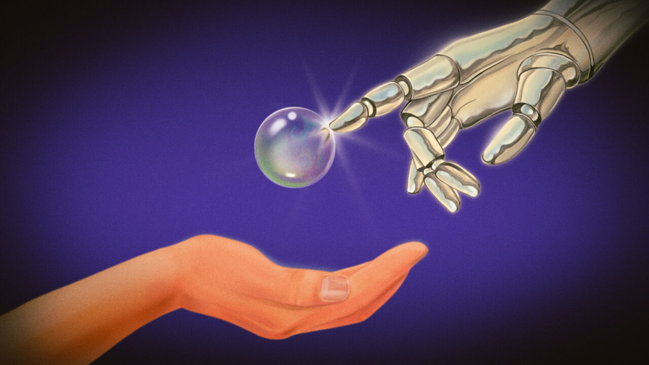 Illustration of a robot hand touching a bubble with a human hand cupped beneath.