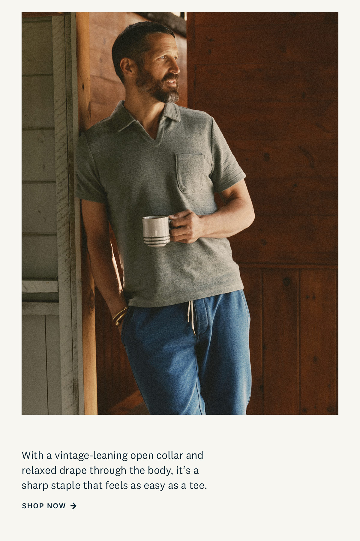 With a vintage-leaning open collar and relaxed drape through the body, it's a sharp staple that feels as easy as a tee. Shop Now. 