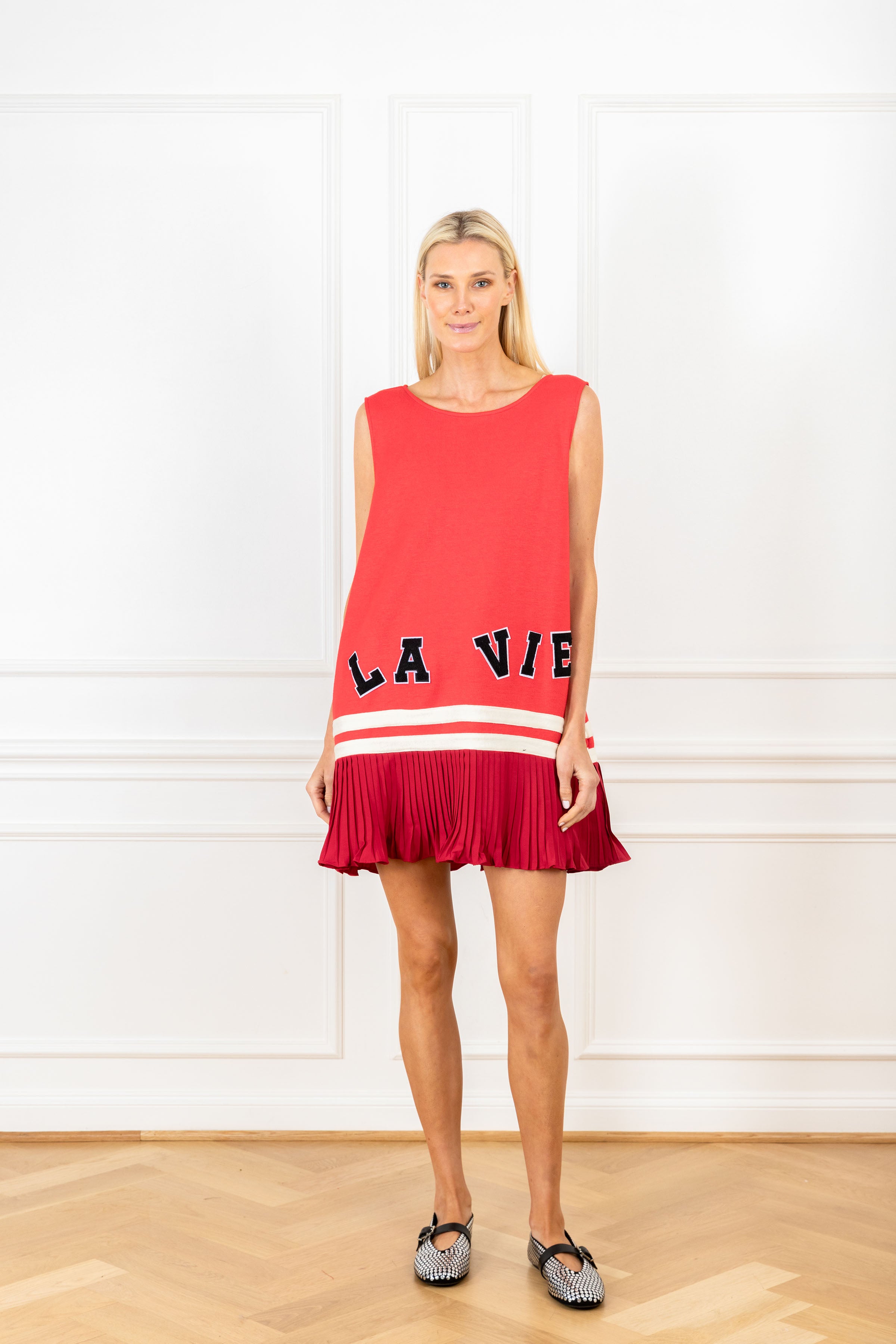 Image of Cherry Wool Pleated Mini A-Line Dress