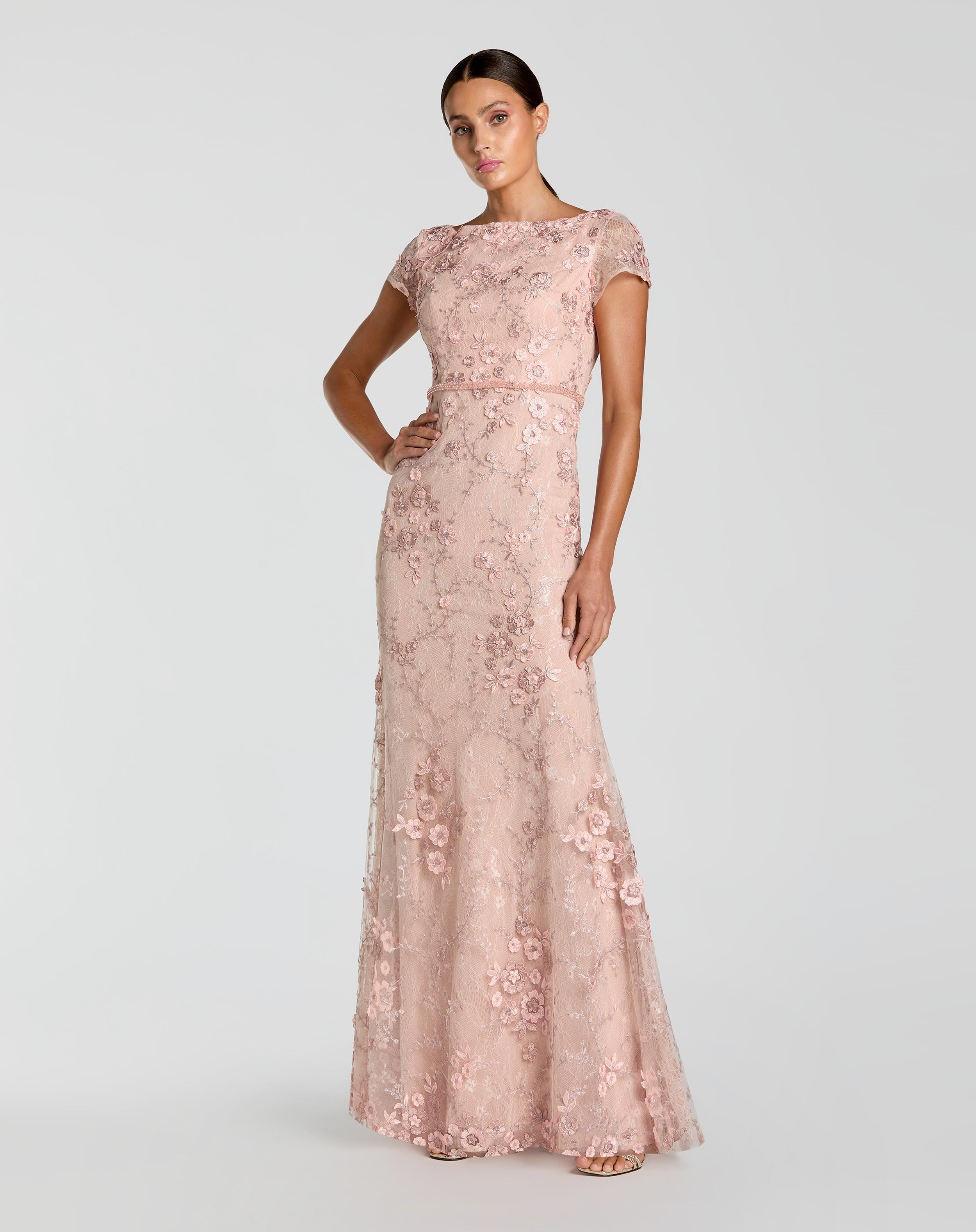 Image of Pink Floral Applique Boat Neck Cap Sleeve Gown