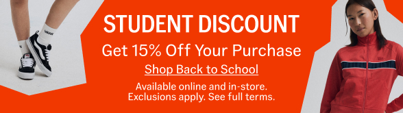 Student DIscount. Get 15% Off Your Purchase. Limited to students enrolled at an accredited college or university in the US. Available online and in-store. Exclusions apply. See full terms.