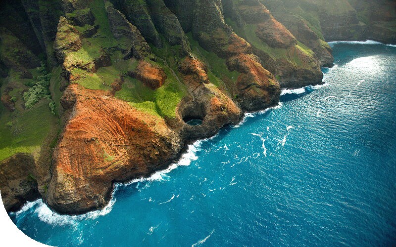 An aerial view of the Kauai coastline.