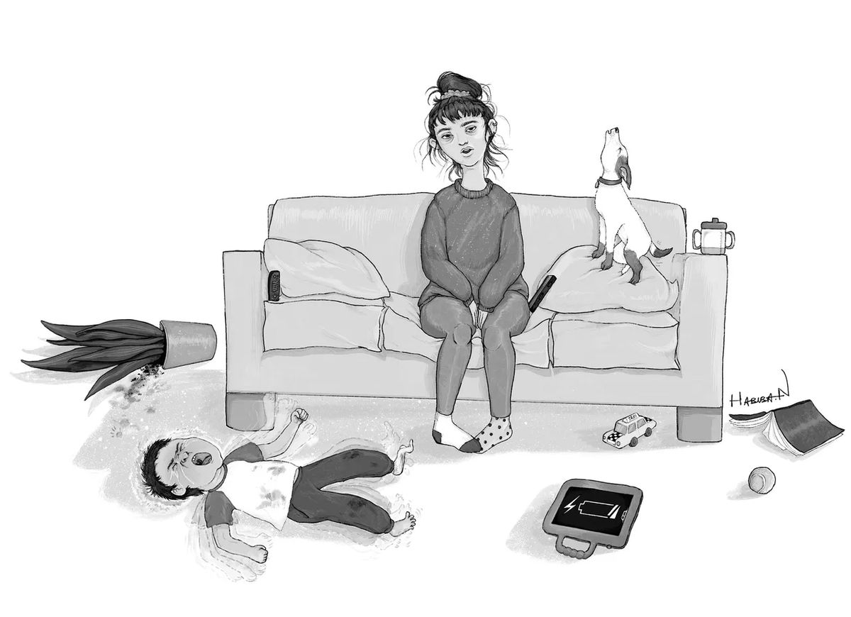 Image may contain: Art, Drawing, Child, Person, Couch, Furniture, Face, Head, Adult, Animal, Canine, Dog, Mammal, and Pet