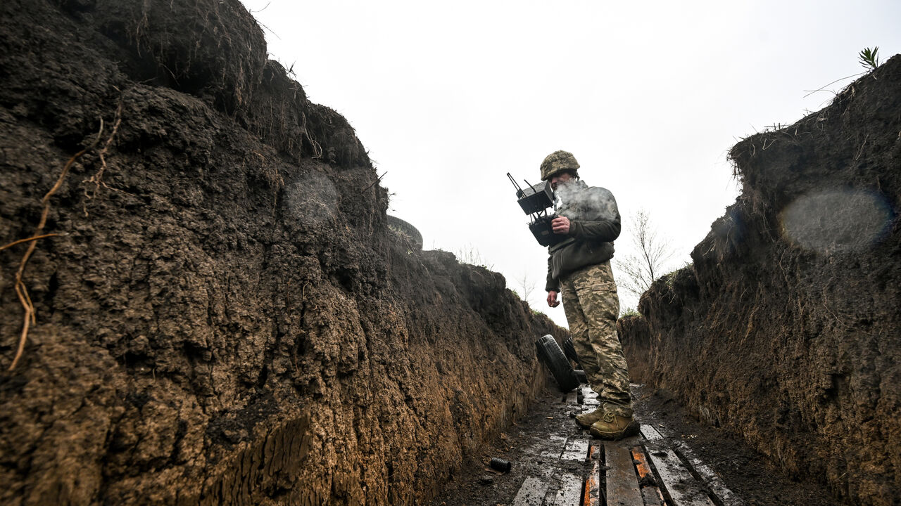 A soldier from the 65th Mechanized Brigade of the Ukrainian Ground Forces defends the Zaporizhzhia direction and carries out field tests of the Gnom-2 ground-based combat drone.