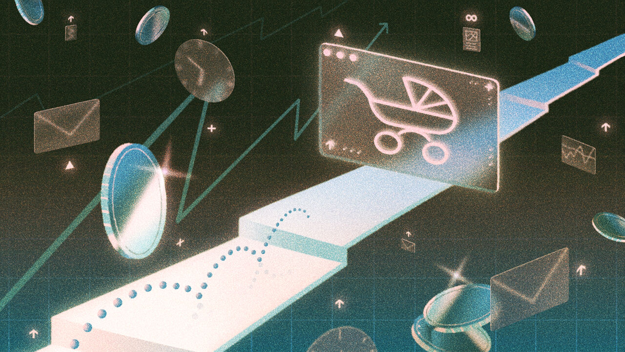 An illustration of a stepped path going upwards into the distance with an image of a pram on a semi transparent panel across the path. A dotted line bounces along the path and stops short of the sign. References to money and work; coins,  emails, indicator