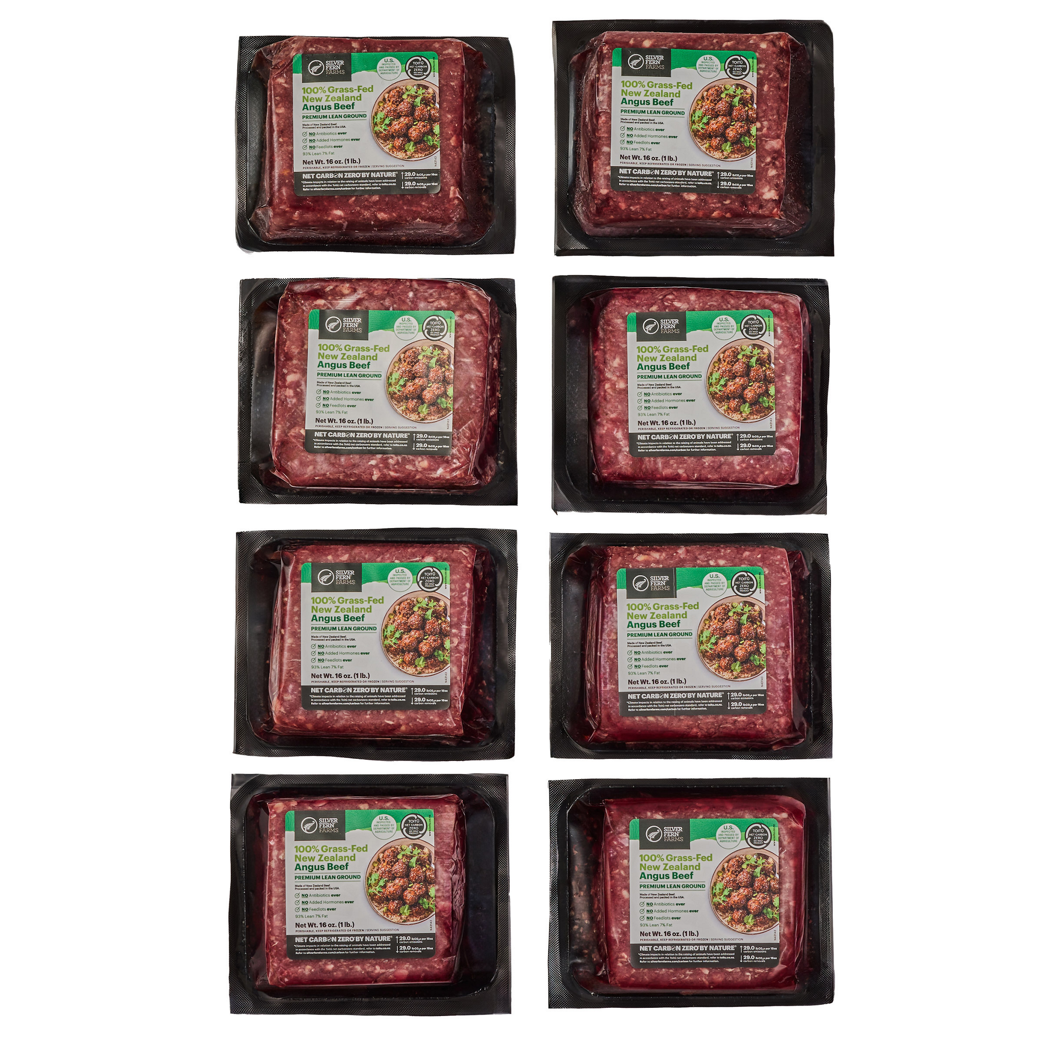 Silver Fern Farms Halal 100% Grass-Fed New Zealand, Net Carbon Zero 93% Lean Ground Beef - 8 Total Packs, 8 Lbs. Total