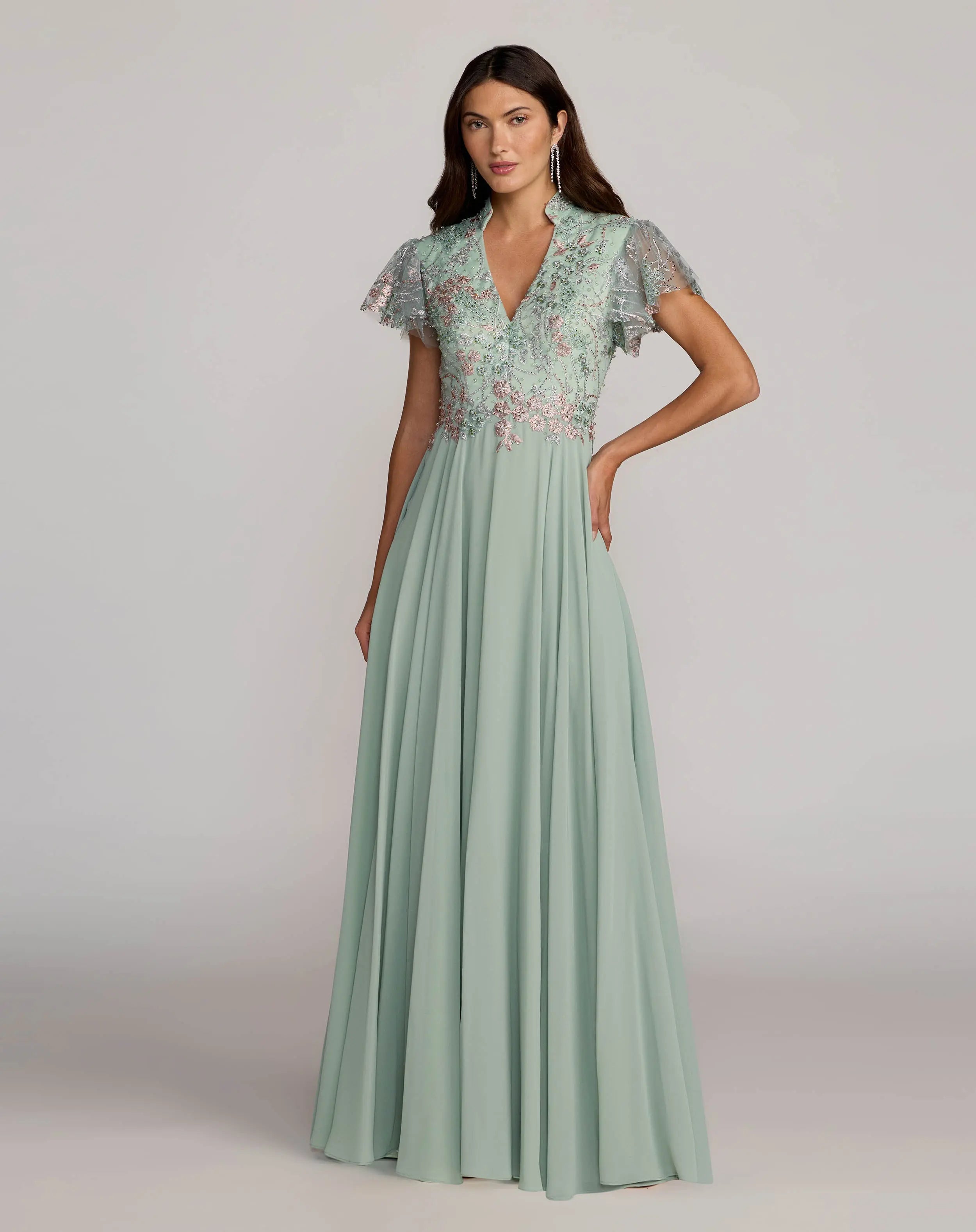 Image of Green Embroidered Flutter Sleeve V Neck Gown