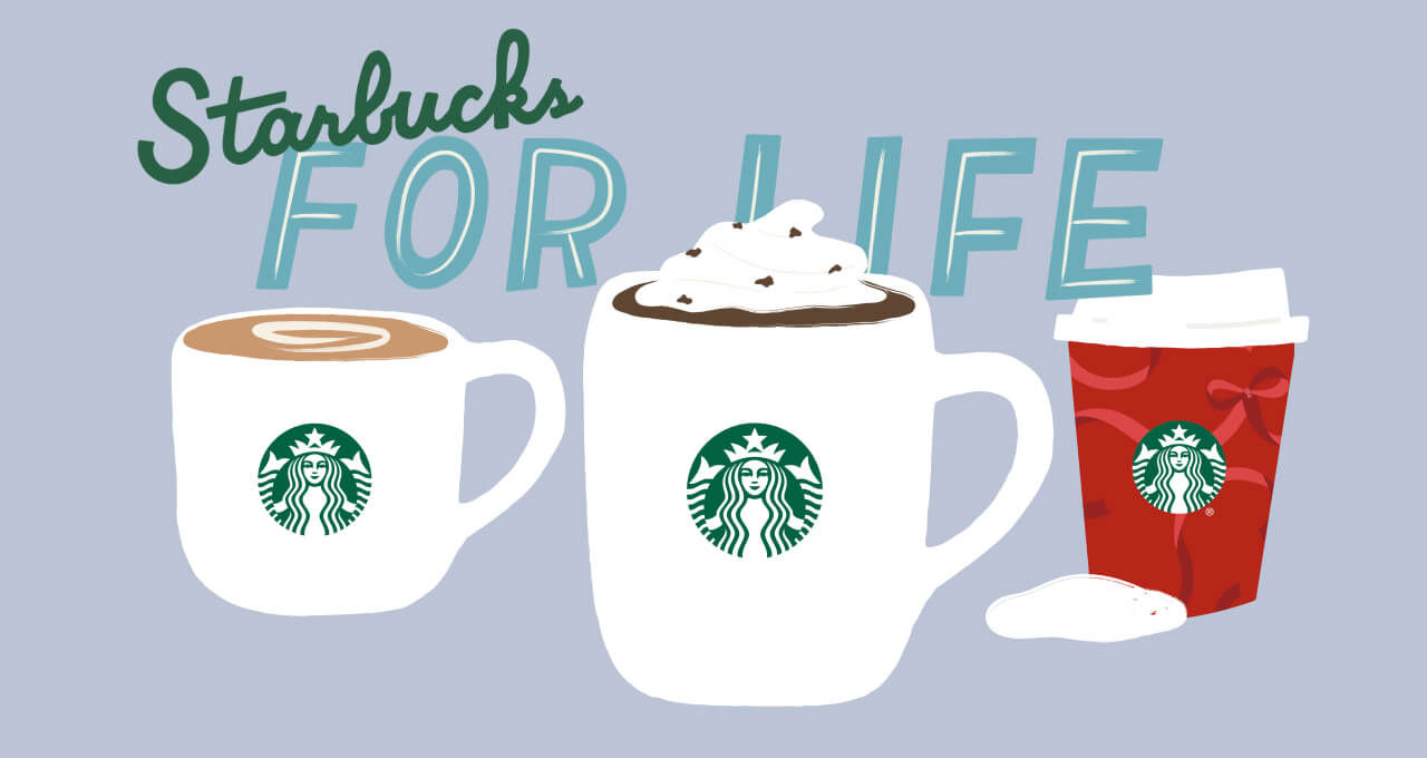 Illustration of two Starbucks mugs and one to-go cup in front of text that says "Starbucks For Life."
