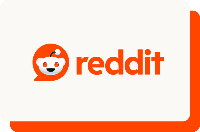 Light cream rounded card featuring the Reddit logo — the orange Snoo mascot icon beside bold orange "reddit" wordmark — with a matching orange shadow offset to the bottom right.