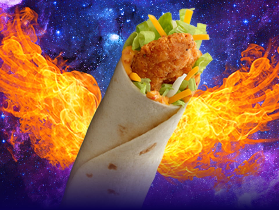 Snack Wrap triumphantly soars back to McDonald's with phoenix wings burning brightly behind it.