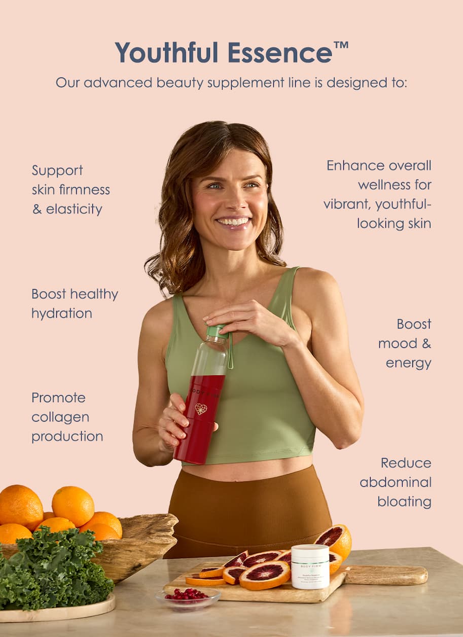 Youthful Essence - Our advanced beauty supplement line is designed to support skin elasticity, enhance overall wellness, boost hydration, mood and energy, promote collagen production and reduce abdominal bloating. 