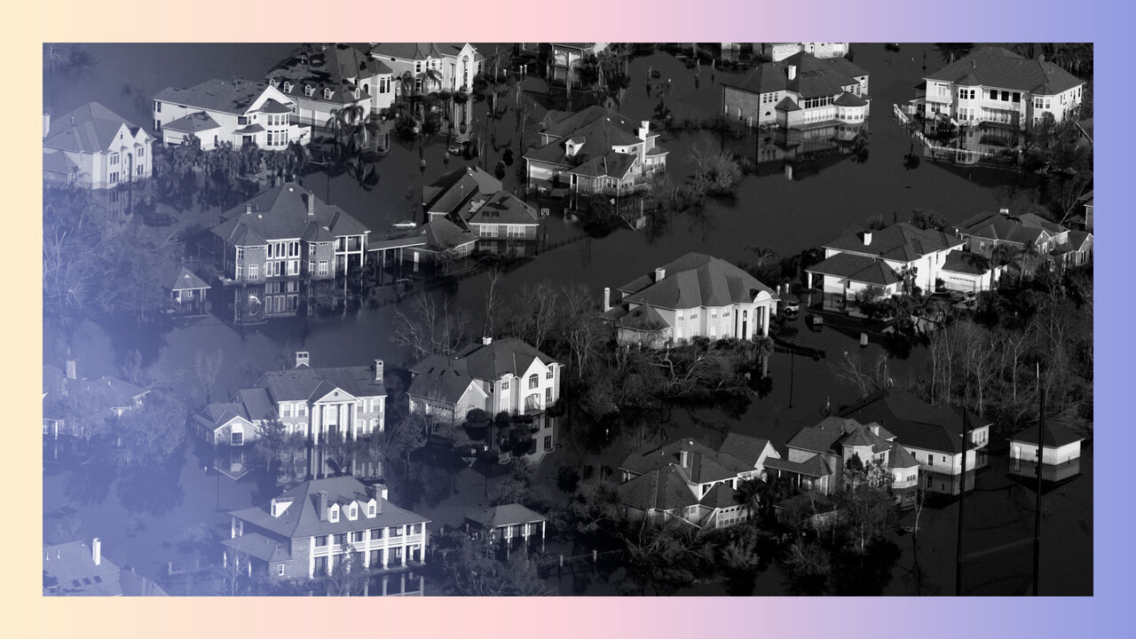 Neighborhoods are flooded with oil and water two weeks after Hurricane Katrina went though Louisiana 