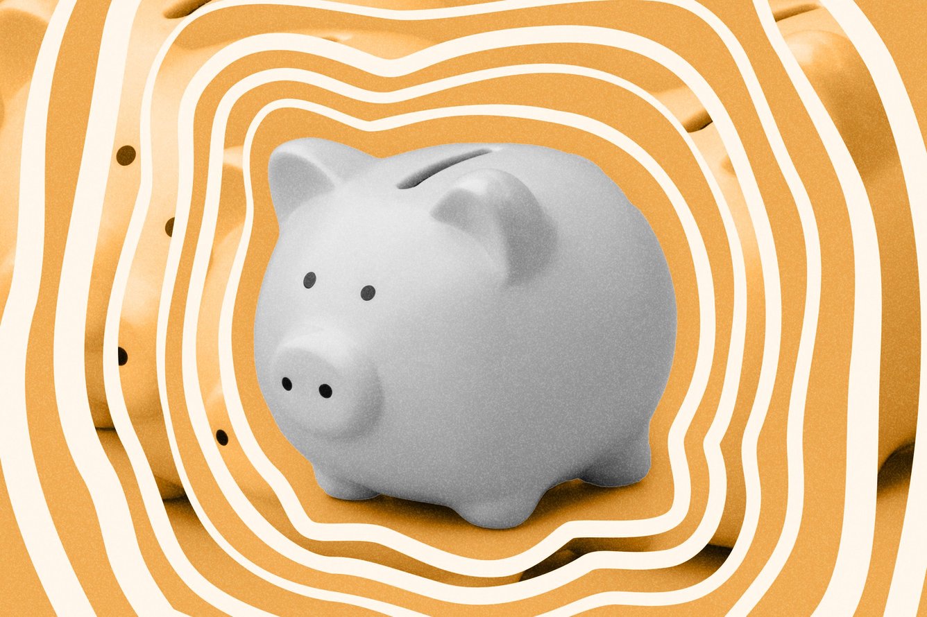 A photo illustration of a piggy bank with psychedelic lines emanating from it.