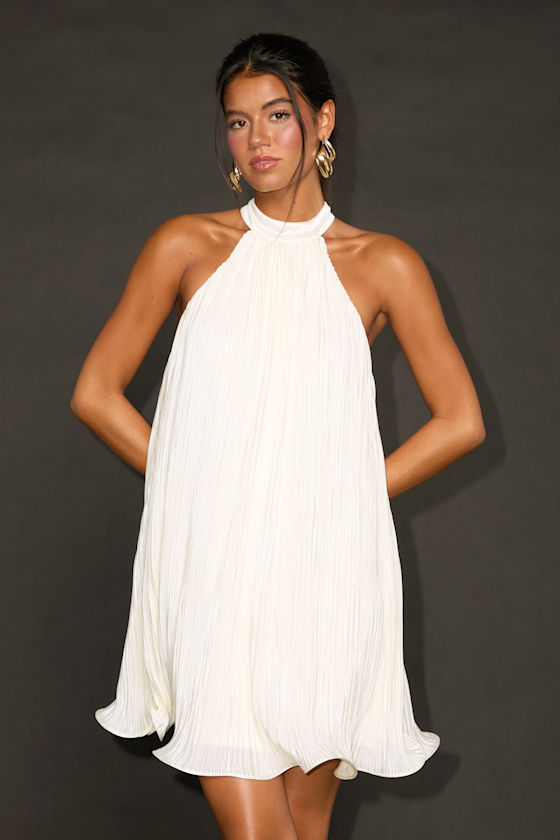 Image of Vaivah Ivory Satin Plisse Mock Neck Swing Mini Dress