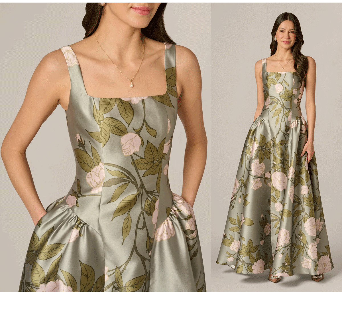 Drop Waist Square Neck Floral Ballgown In Sage Multi