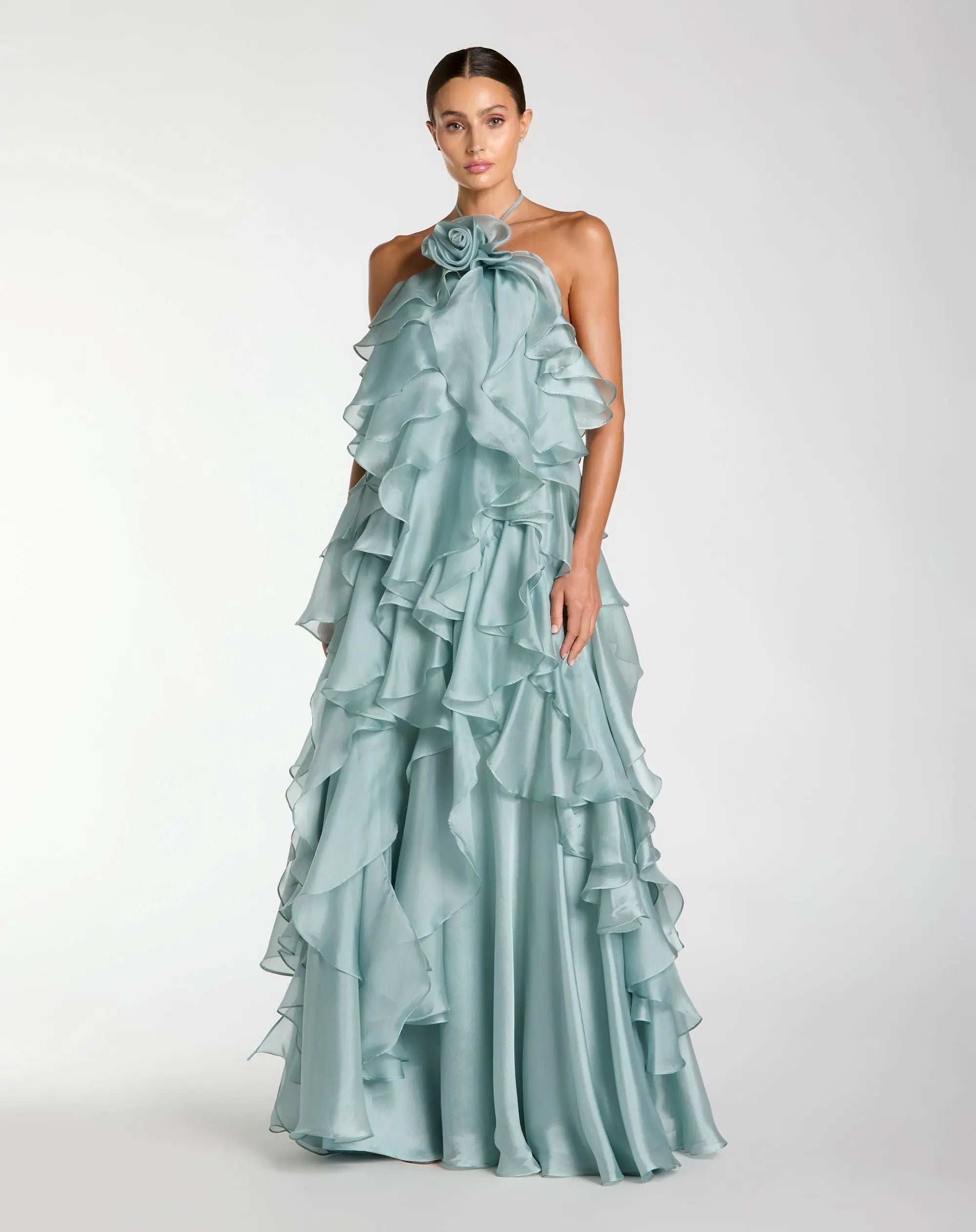 Image of Blue Halter Neck Open Back Trapeze Ruffle Gown