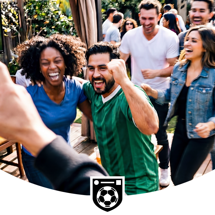 Group of friends celebrating outdoors, one person in a green soccer jersey raising a fist in excitement, others smiling and laughing, festive atmosphere with greenery in the background.
