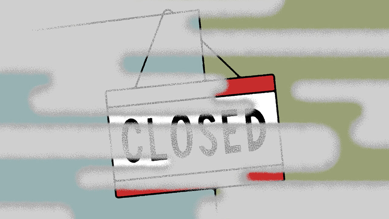 Illustration of a closed sign hanging off a door surrounded by fog