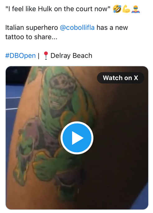 Flavio Cobolli's Hulk tattoo