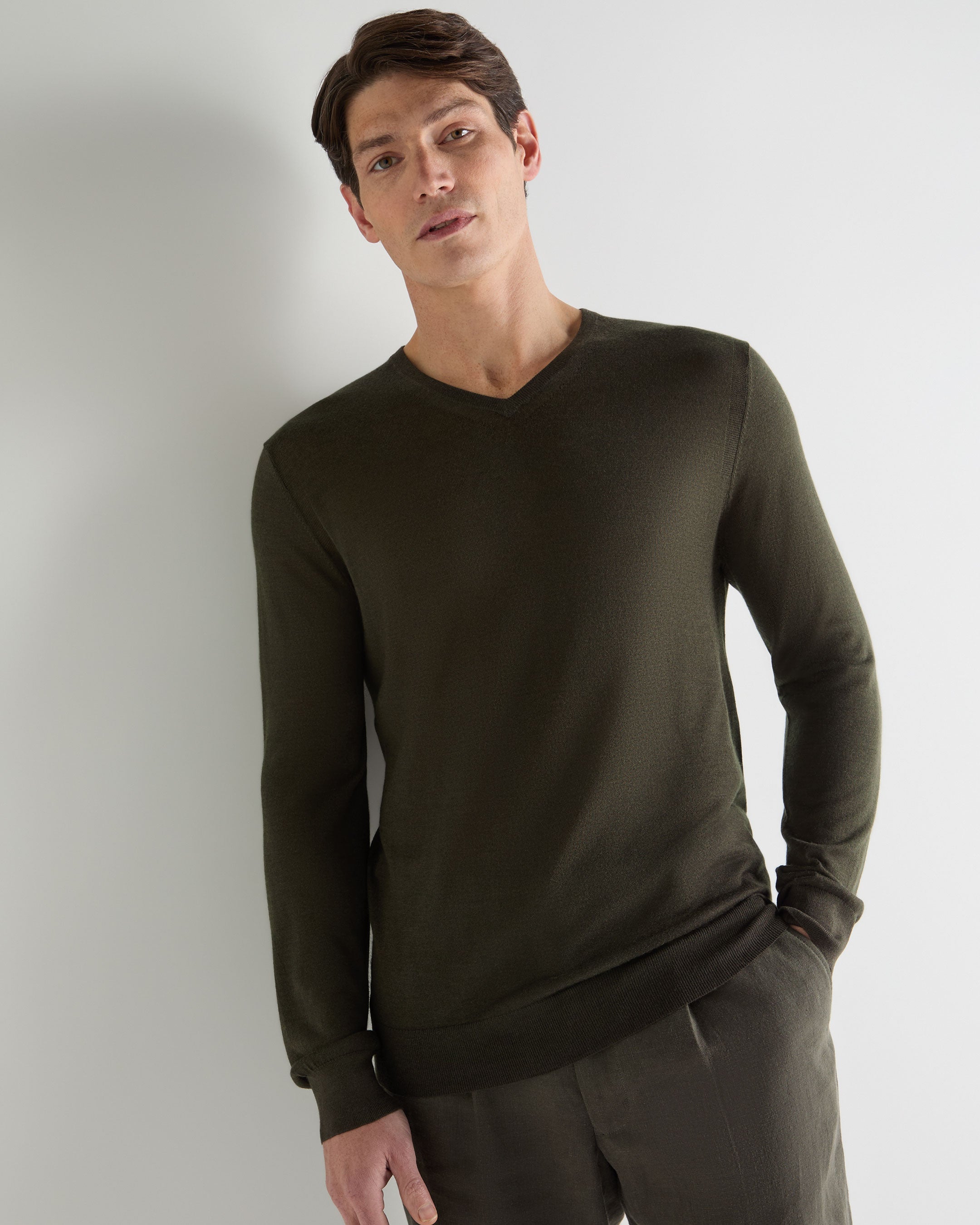 Image of Men's Conduit Fine Gauge Cashmere V Neck Sweater Arabica Khaki Green