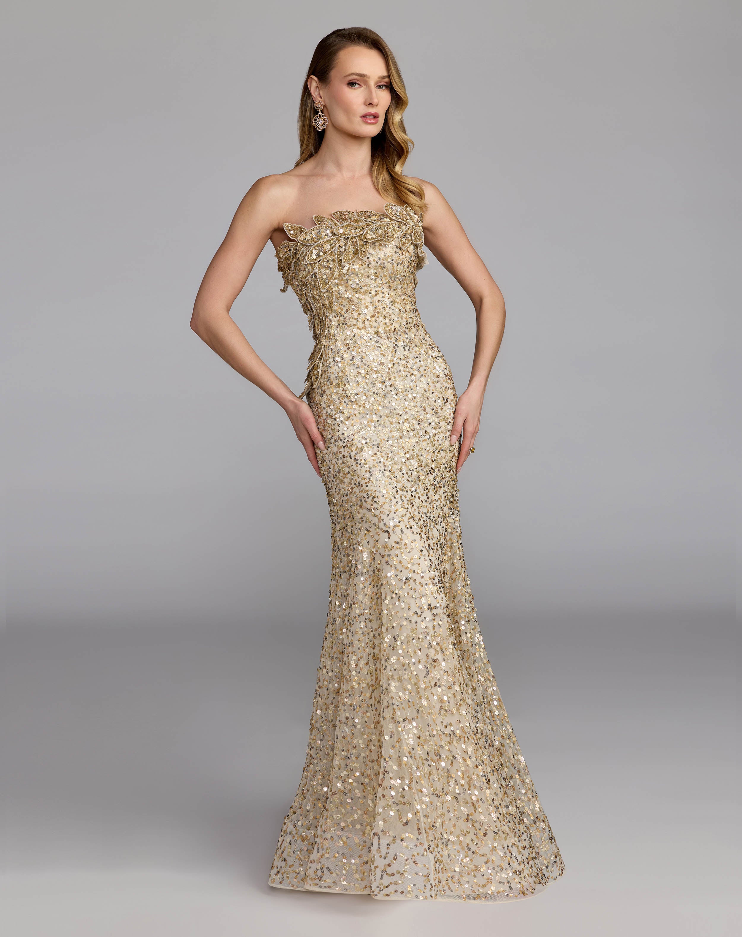 Image of Gold Strapless Mermaid Gown With 3D Floral Appliqué