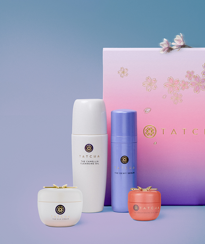 An image of 4 Tatcha formulas with a branded gift box