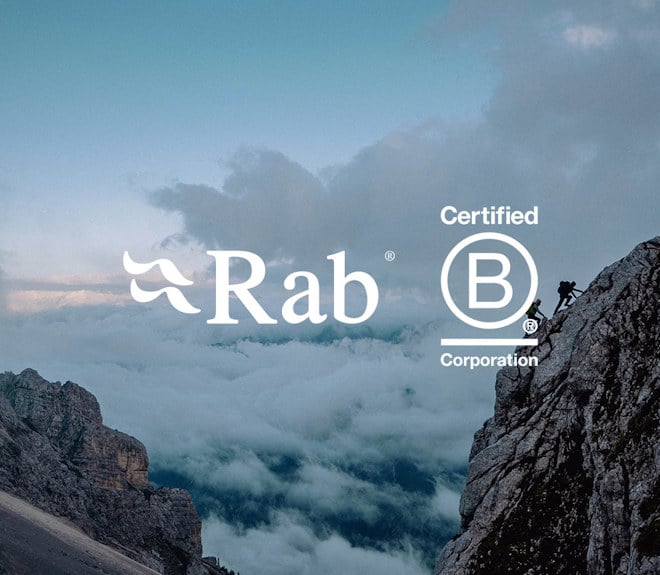 The Rab and B-Corp logos on an image of two people climbing in the mountains