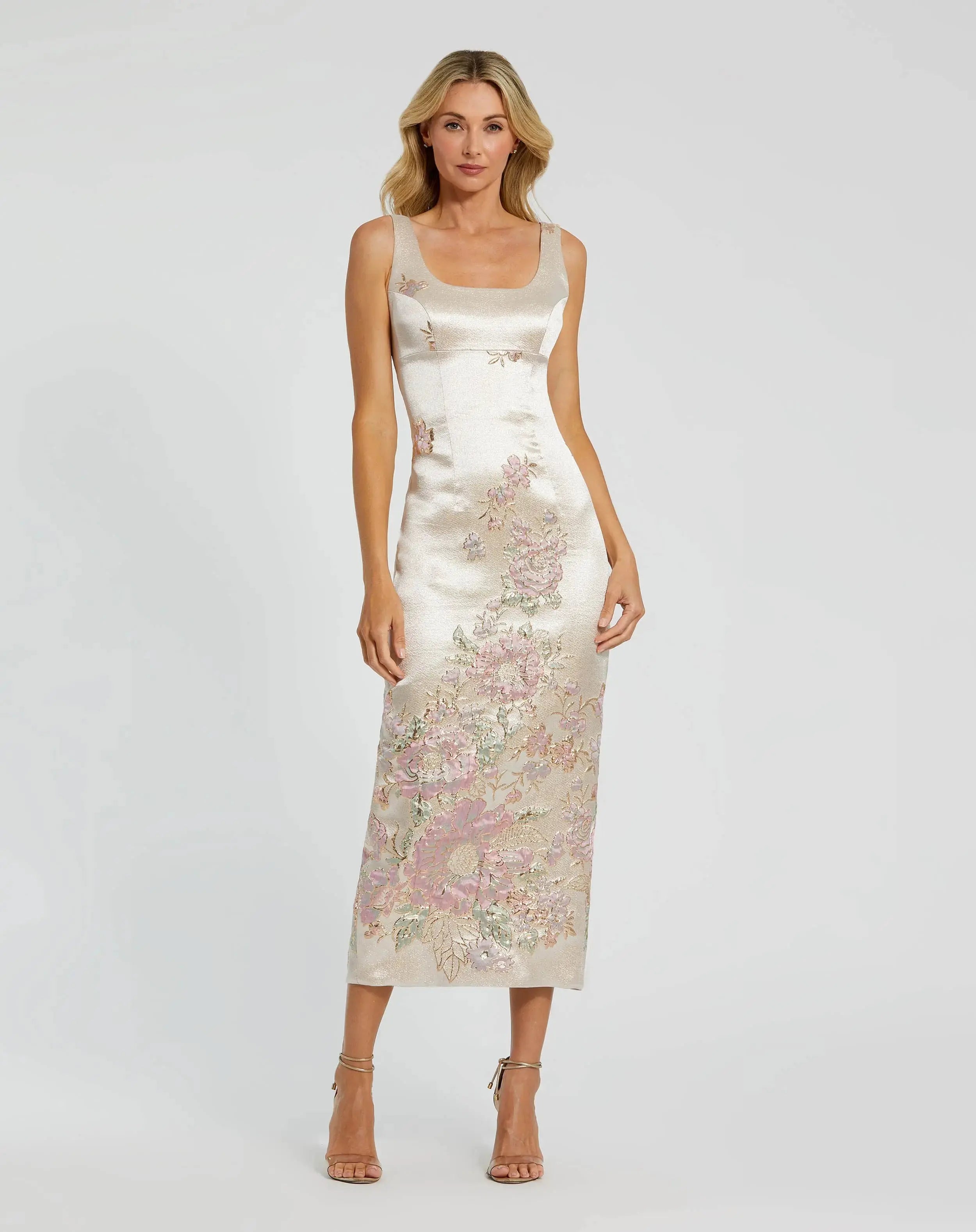 Image of Slim Strap Scoop Neck Bustier Brocade Midi Dress
