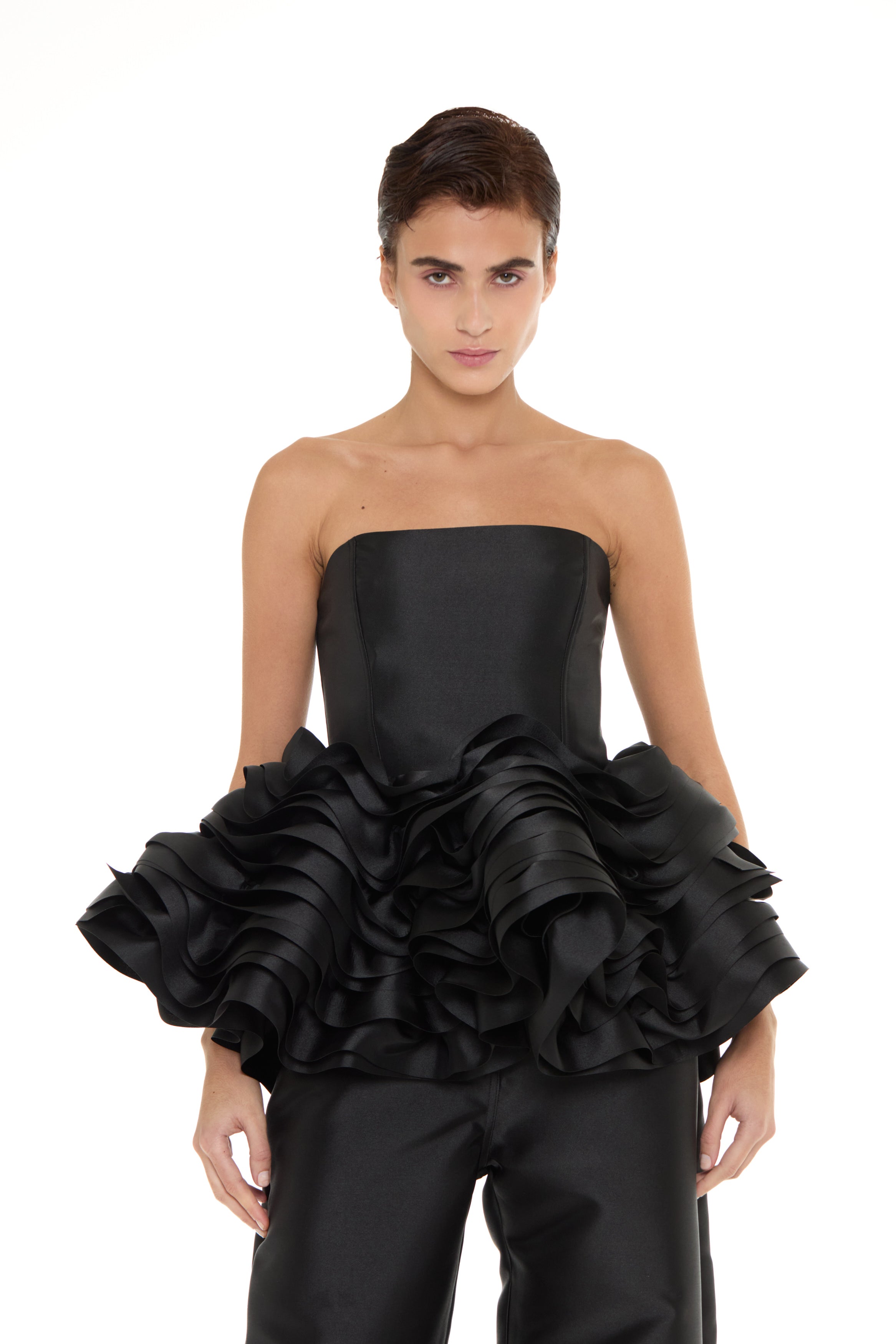 BLACK MIKADO STRAPLESS LAYERED FRILL TOP