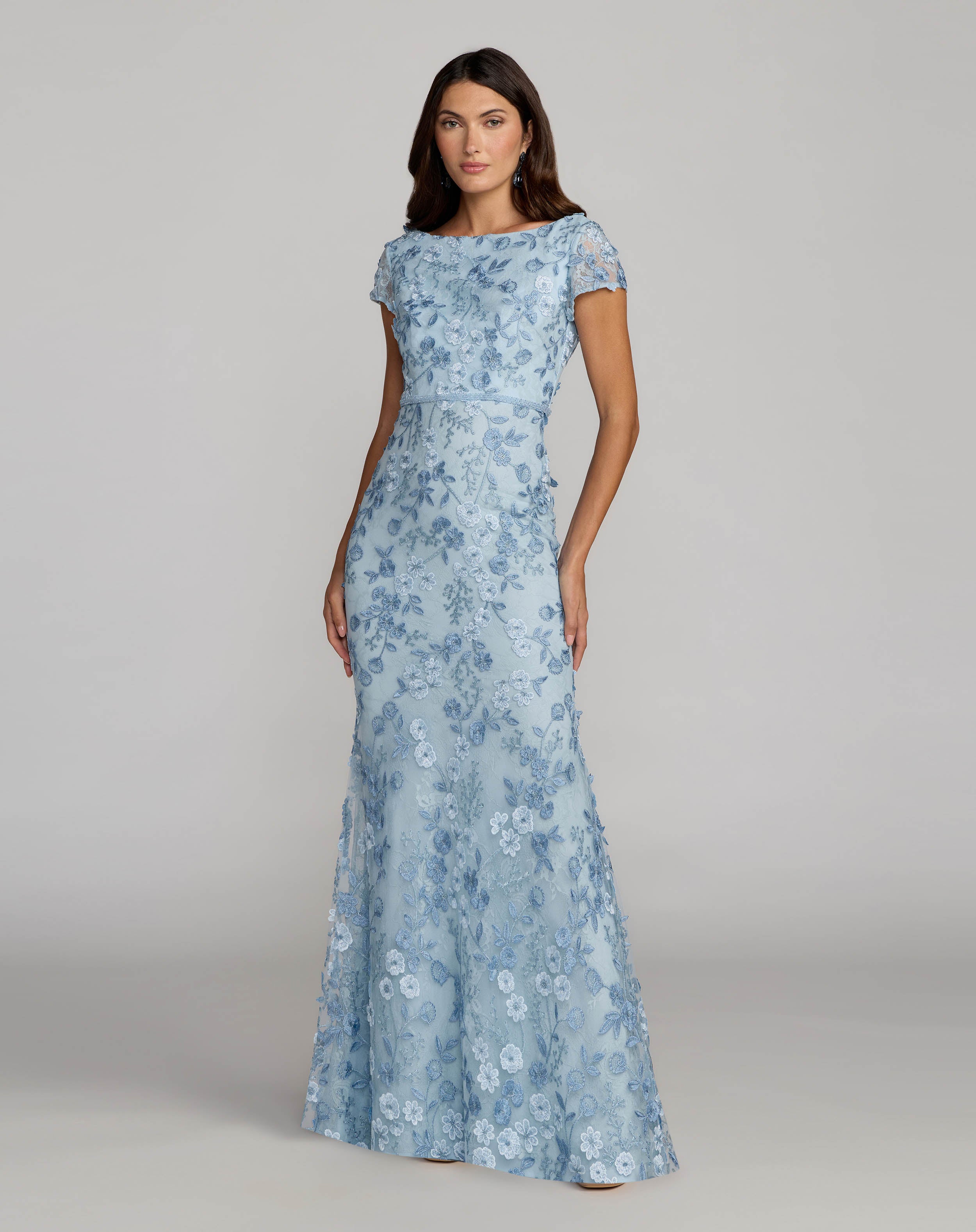 Image of Blue Floral Applique Boat Neck Cap Sleeve Gown