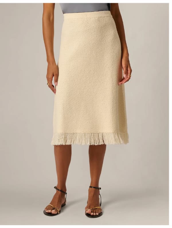 Textured Knit Fringe Midi Skirt In Cream